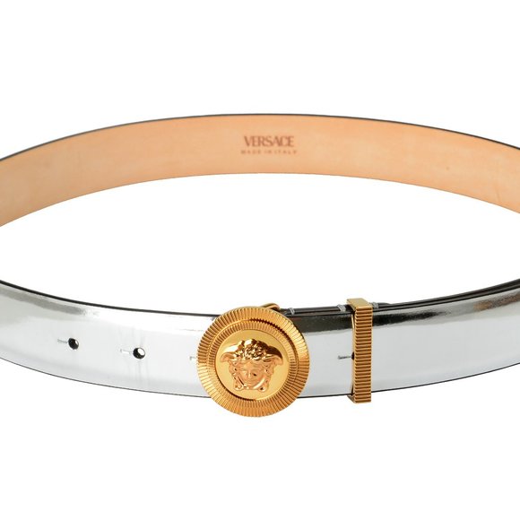 Versace Women\'s Silver Leather Medusa Head Decorated Buckle Belt US 44 IT 110